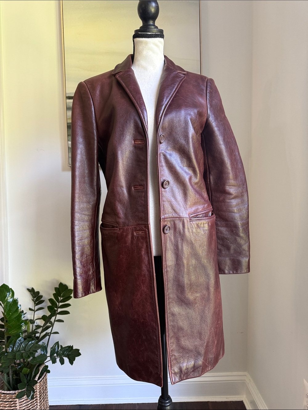 Guess Burgundy Leather Long Coat